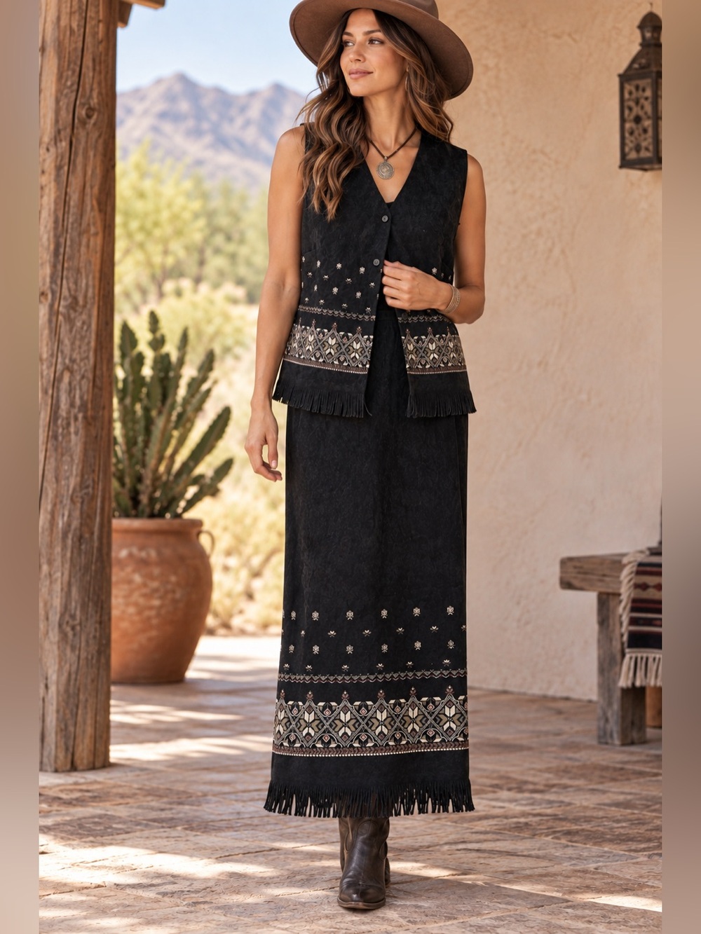 Vintage Notations Black Southwestern Embroidered Fringe Vest Skirt Set M/L Boho